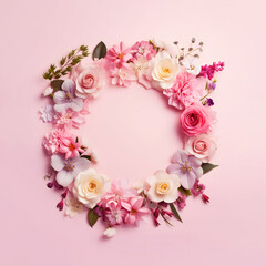 Creative, romantic floral arrangement, oval frame shape, copy space on pastel pink background.