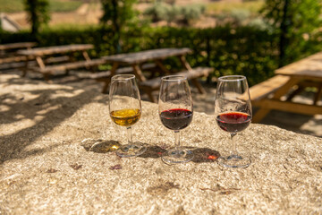 Naklejka premium 3 kieliszki z winem stojące na kamienny stole. degustacja Porto w Portugalii