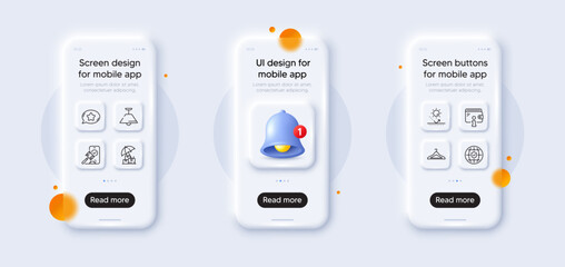 Naklejka na ściany i meble Favorite chat, Delivery insurance and Sun protection line icons pack. 3d phone mockups with bell alert. Glass smartphone screen. Cloakroom, Wallet, Global insurance web icon. Vector