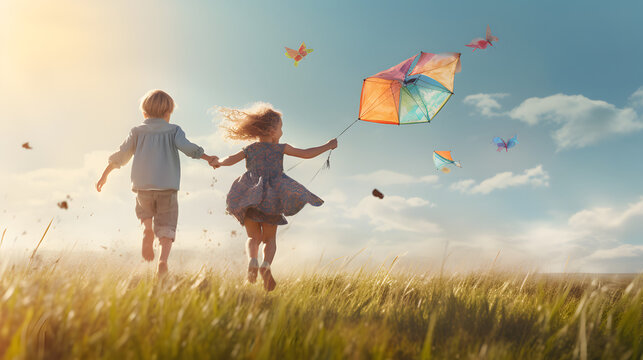 Two siblings holding hands running through an open meadow with kites soaring above. 