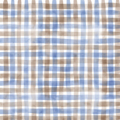 Blue Brown Gingham Check Hand Drawn Background 