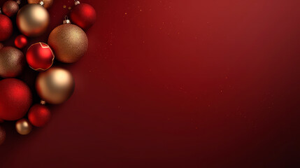 Christmas balls on red background. Christmas banner with copy space.
