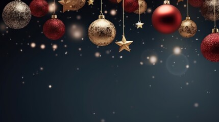 Christmas balls on blue background. Christmas banner with copy space. - obrazy, fototapety, plakaty