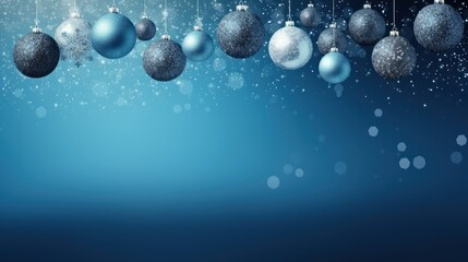 Christmas balls on blue background. Christmas banner with copy space.