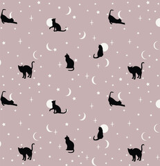 black cat silhoutte, moon and stars background, wallpaper, wrapping