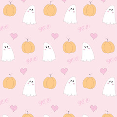 pink, spooky boo ghost and pumpkin seamless vectorel pattern, halloween background, wallpaper
