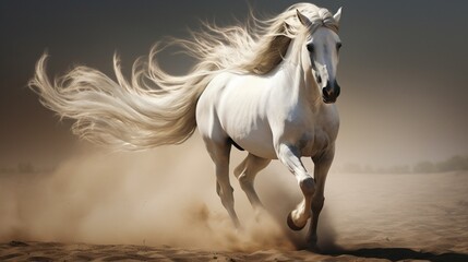 Obraz na płótnie Canvas The Arabian Horse in a dynamic pose, its mane flowing in the wind, the high-resolution camera highlighting the strength and beauty of this majestic creature.