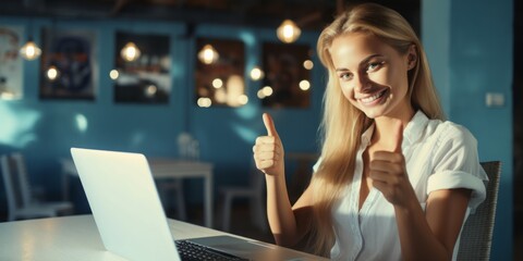 A Woman Gives a Thumbs Up While Pointing at Her Laptop, Embarking on Further Training and Perfecting Her Skills in Computer Courses, Reinforcing the Values of Learning and Study - obrazy, fototapety, plakaty
