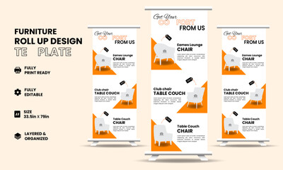 Modern furniture For Sale Roll up Banner Stand template for Real Estate Agency pull up, standee, x banner, display cover poster design template for advertising and business promotion - obrazy, fototapety, plakaty