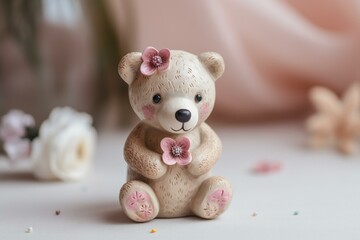 adorable bear with a pink flower. Generative AI
