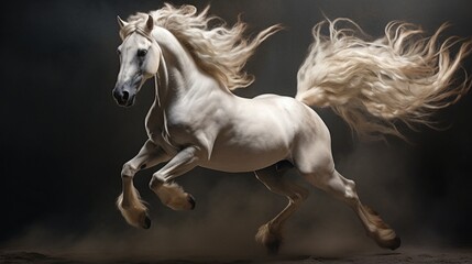 Obraz na płótnie Canvas The Arabian Horse in a dynamic pose, its mane flowing in the wind, the high-resolution camera highlighting the strength and beauty of this majestic creature.