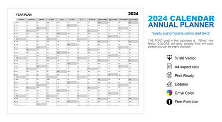Year 2024 customizable and one-click color changeable annual planner - obrazy, fototapety, plakaty
