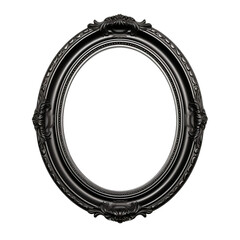 Black vintage ornate oval picture frame isolated on transparent background, antique old oval dark grey baroque Victorian style frame mock up for painting, art, wall art, artwork, photo, image mockup - obrazy, fototapety, plakaty