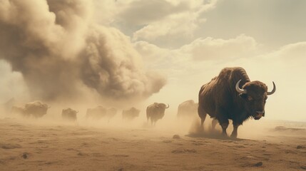 A Herd of buffalos stampedes across a barren landscape, a cloud of dust trailing behind them. - generative ai - obrazy, fototapety, plakaty