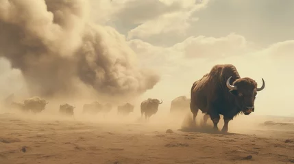 Outdoor kussens A Herd of buffalos stampedes across a barren landscape, a cloud of dust trailing behind them. - generative ai © Nairobi 