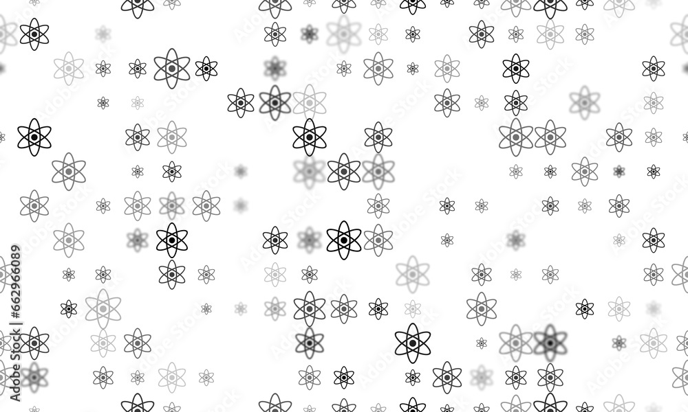 Poster Seamless background pattern of evenly spaced black atomic symbols of different sizes and opacity. Illustration on transparent background
