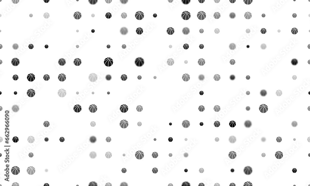 Poster seamless background pattern of evenly spaced black basketball symbols of different sizes and opacity