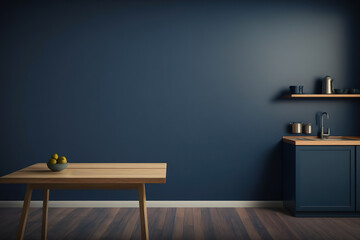 Dark blue wall and empty wooden tabletop. Generative AI