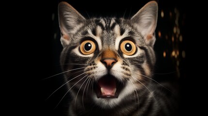 A Shocked cute small cat with yellow eyes facing camera open mouth, Shocked cat, Portrait of Cat,...