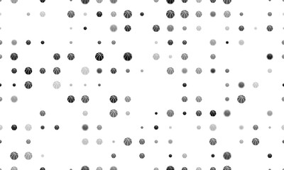 Seamless background pattern of evenly spaced black basketball symbols of different sizes and opacity. Illustration on transparent background