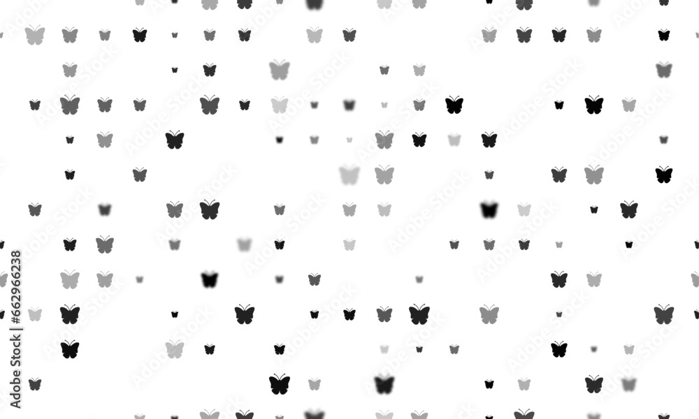 Poster seamless background pattern of evenly spaced black butterfly symbols of different sizes and opacity.