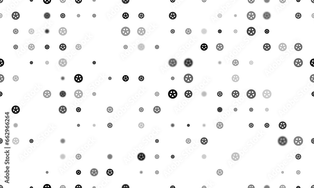 Poster seamless background pattern of evenly spaced black car wheel symbols of different sizes and opacity.
