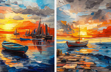 Obraz premium Colorful oil painting on canvas texture. Impressionism image of seascape paintings with sunset background. Modern art oil paintings with boat, sail on sea. Abstract contemporary art for background