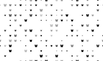 Seamless background pattern of evenly spaced black butterfly symbols of different sizes and opacity. Illustration on transparent background