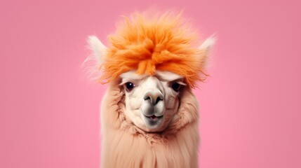 Naklejka premium Advertising portrait, banner, funny alpaca with orange hair, looks straight, isolated on pink background