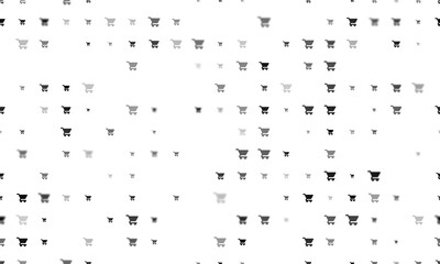 Seamless background pattern of evenly spaced black shopping cart symbols of different sizes and opacity. Illustration on transparent background