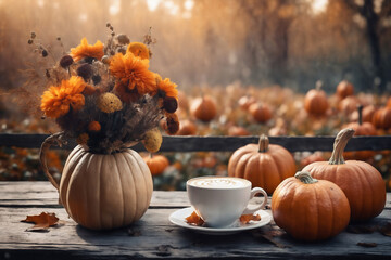 still life of a cup of hot latte and pumpkins on an old wooden table against the background of...