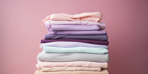 AI Generated. AI Generative. Fresh new washed laundy stack set of many cloth items on table. Graphic Art