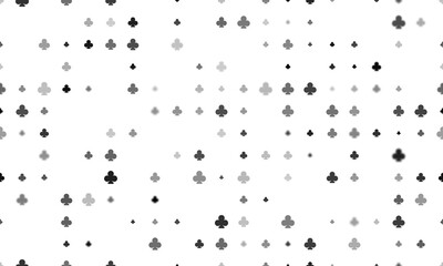 Seamless background pattern of evenly spaced black clubs of different sizes and opacity. Illustration on transparent background