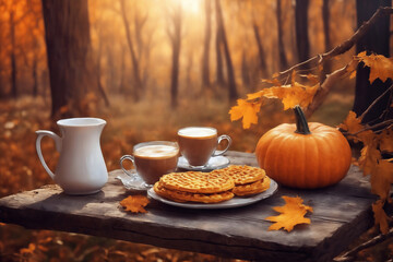 decoration for Halloween, still life, a cup of hot latte and pumpkins on an old wooden table against the background of beautiful autumn nature at sunset