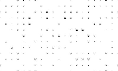 Seamless background pattern of evenly spaced black drum symbols of different sizes and opacity. Vector illustration on white background