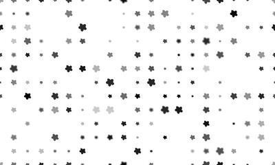 Seamless background pattern of evenly spaced black forget-me-not flowers of different sizes and opacity. Illustration on transparent background