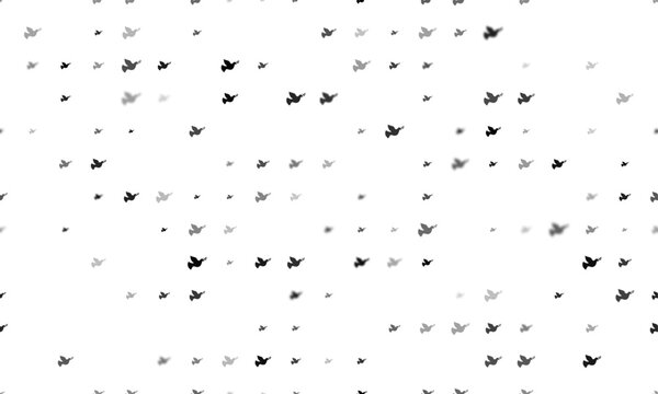 Seamless background pattern of evenly spaced black dove of peace symbols of different sizes and opacity. Vector illustration on white background