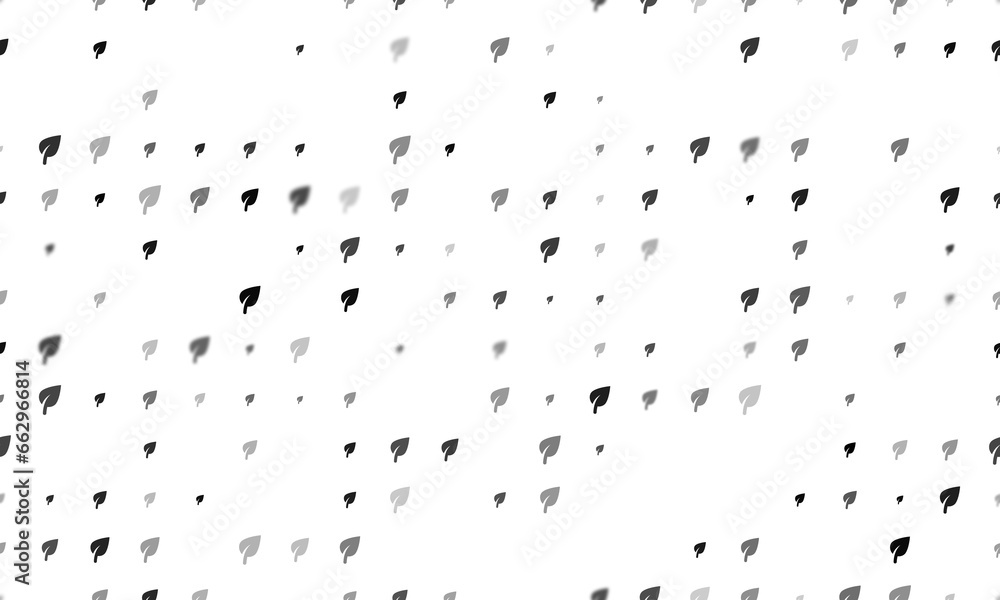 Poster seamless background pattern of evenly spaced black leaf symbols of different sizes and opacity. illu