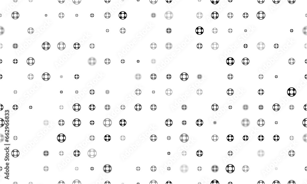 Poster seamless background pattern of evenly spaced black lifebuoy symbols of different sizes and opacity. 