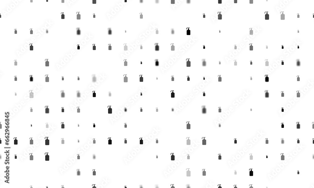 Poster seamless background pattern of evenly spaced black liquid soap symbols of different sizes and opacit