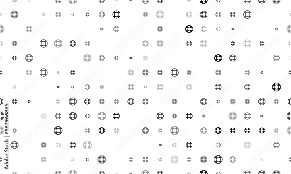 Poster seamless background pattern of evenly spaced black lifebuoy symbols of different sizes and opacity. 