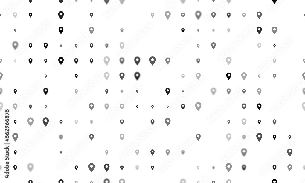 Poster seamless background pattern of evenly spaced black location symbols of different sizes and opacity. 