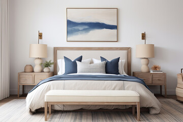 amplio dormitorio con cama, banqueta y  ropa de cama en tonos azules y grises, junto a dos mesitas de madera y cuadro abstracto en pared