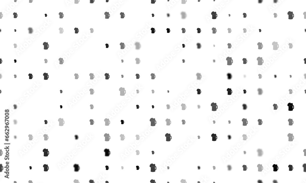 Poster seamless background pattern of evenly spaced black mug beer symbols of different sizes and opacity. 