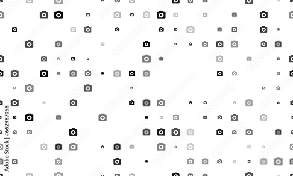 Poster seamless background pattern of evenly spaced black photo camera symbols of different sizes and opaci