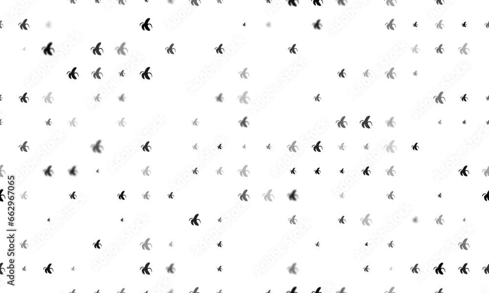 Poster seamless background pattern of evenly spaced black peeled banana symbols of different sizes and opac