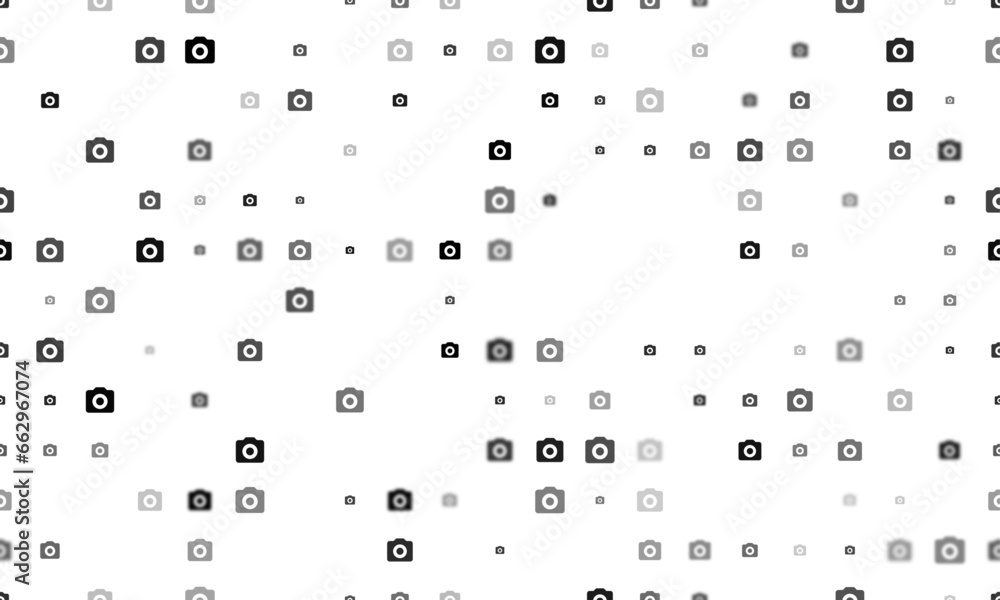 Poster seamless background pattern of evenly spaced black photo camera symbols of different sizes and opaci