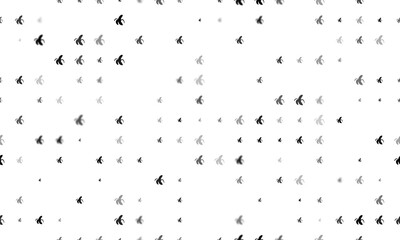 Seamless background pattern of evenly spaced black peeled banana symbols of different sizes and opacity. Illustration on transparent background