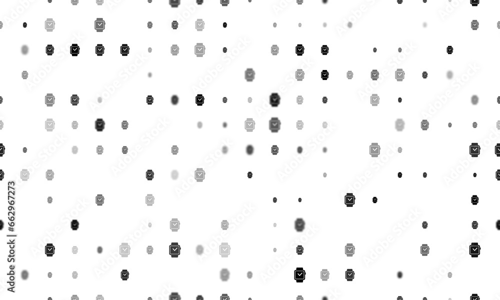 Poster seamless background pattern of evenly spaced black smart watch symbols of different sizes and opacit