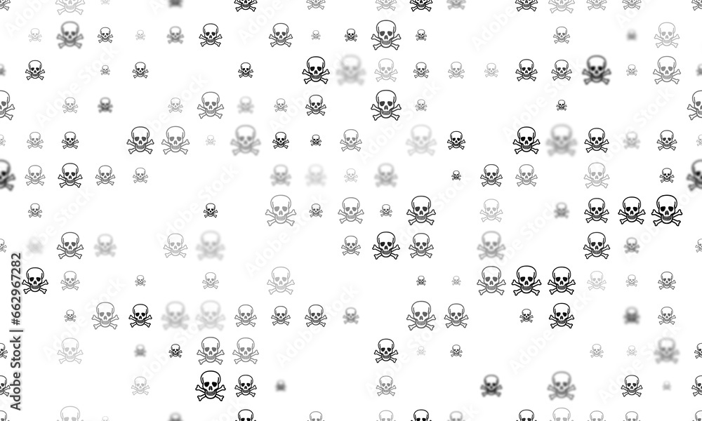 Poster seamless background pattern of evenly spaced black skulls of different sizes and opacity. illustrati